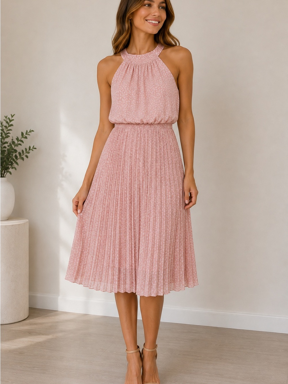 JAPNA Pink Pleated Halter Midi Dress Open Back Size S